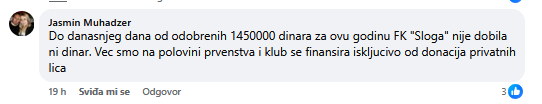 Reagovanje predsjednika kluba FK Sloga